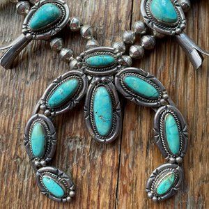70s Silver Turquoise Squash Blossom Necklace